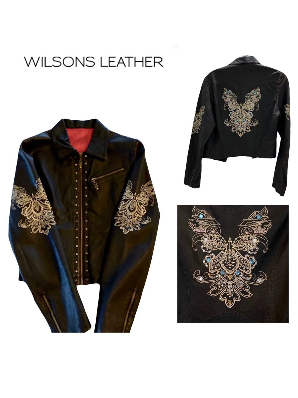 🦋 Vintage Y2K Wilsons Leather Rhinestone Butterfly Moto Jacket Sz: Medium 🦋